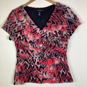 Style & Co Petite Large PL Ruffled Abstract Print Blouse Red Black Mesh Top